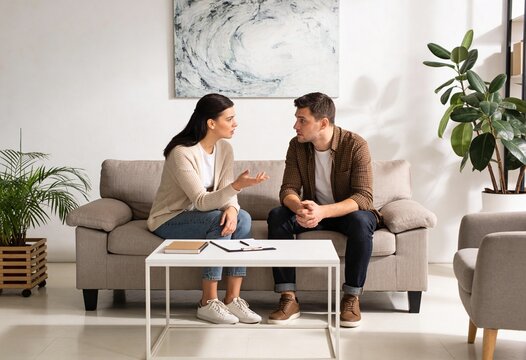 Young adult couple talking seriously on sofa in bright living room, relationship communication and conflict resolution at home with notes on coffee table