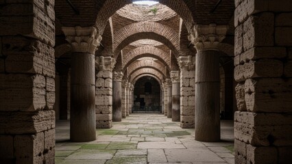Obraz premium Architecture - Ancient Roman Brick Arched Corridor with Stone Columns and Vaulted Ceiling Interior