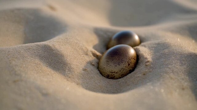 4K Macro Shot of Sea Turtle Eggs Buried in White Sand During Golden Hour