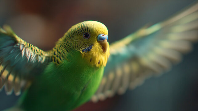 A vibrant green and yellow parakeet in flight.