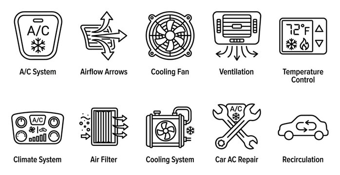 A set of clean, line art icons representing various aspects of car air conditioning systems, including control panels, airflow, fans, filters, and repair.
