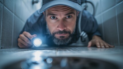 Plumber inspecting a drain with flashlight beneath a sink, symbolizing pipe repair, drain cleaning and water leakage detection.