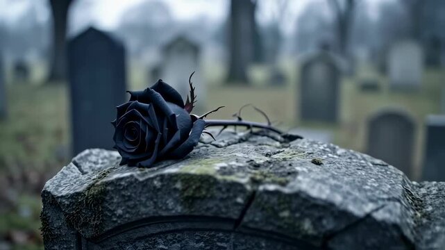 Black Rose on Gravestone in Cemetery.