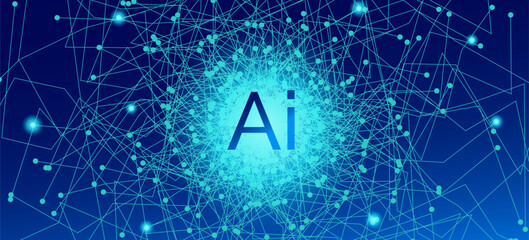 Artificial intelligence concept with glowing AI text in the center of neural network connections, abstract digital technology vector background © Artulina