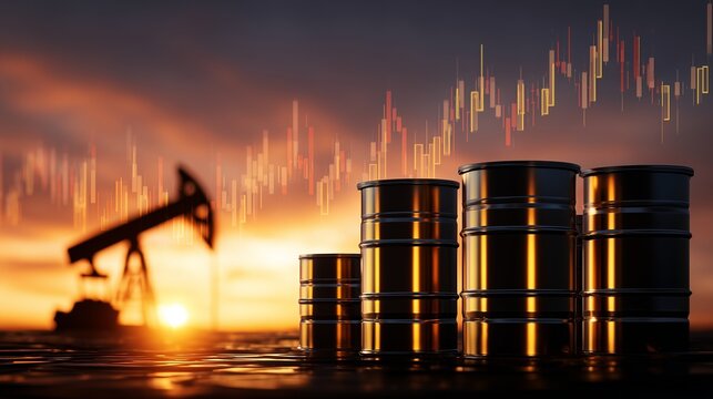 Stack of oil barrel beside pumpjack silhouette at sunset with candlestick chart overlay symbolizing fuel oil stock market rising price.