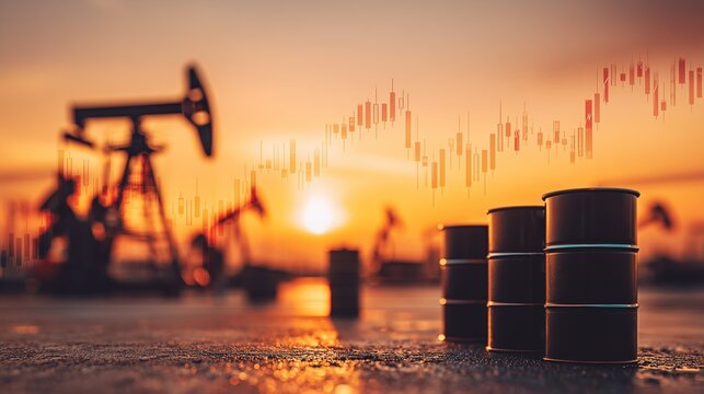 Barrel of fuel oil in foreground with oil pumpjack and rising price chart at sunset, symbolizing fuel oil stock market and price increase risk.