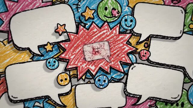 Hand-drawn speech bubbles and empty text box balloons fill the frame in a collection of fun colourful shapes.