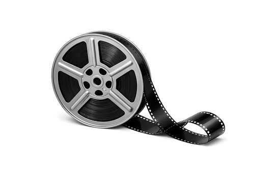 A vintage film reel rests on a flat surface. The reel has black film trailing off the side. This scene captures the essence of classic filmmaking in a simple studio environment