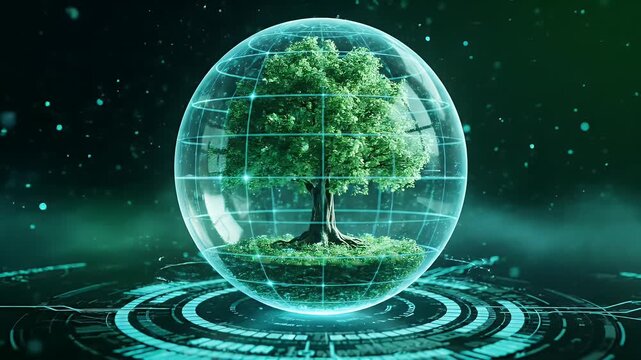 Digital Tree of Life Protected in Futuristic Glowing Sphere.