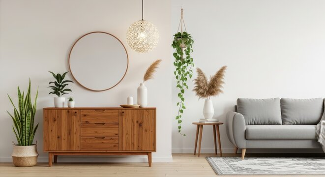 Modern living room with wooden cabinet and cozy seating arrangement