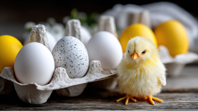 Yellow chick beside carton of eggs and speckled shells for easter spring holiday background and celebration banner design