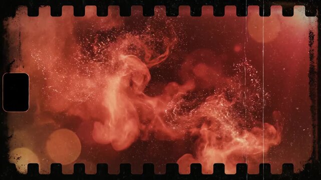 Red dust and blur cinematic flare light leaks drift through a retro film overlay on a dark background, analog burn and grain glowing in motion.