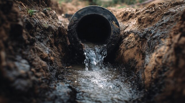 Concrete pipe discharging water into trench conveying drainage flow, represents underground drainage pipe sewer solution and stormwater conveyance.
