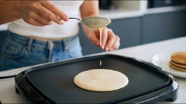  Woman pours batter onto a griddle to make pancakes, stack of cooked pancakes on plate nearby, cozy kitchen scene, homemade breakfast, cooking process, food preparation