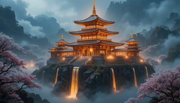 A majestic multi-tiered golden house floating above a misty ocean, glowing warm lights from inside