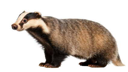 Magnificent profile view of a European badger with striking facial markings, full body portrait © Michal