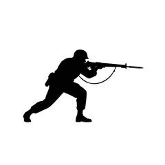 Obraz premium Silhouette of a Soldier Aiming Rifle on White Background.