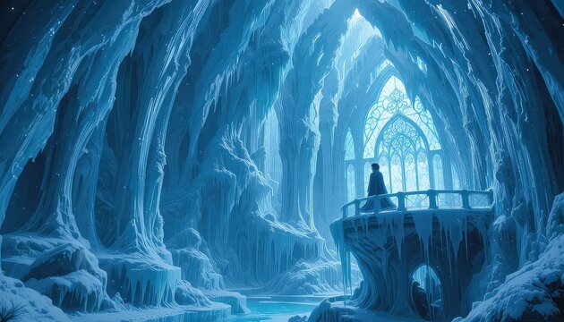 A frozen palace carved from crystal ice, illuminated by moonlight, a mysterious queen standing on a balcony in a flowing gown