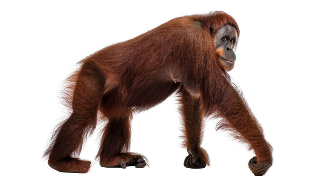 Adult orangutan with reddish-brown fur walking on all fours, looking sideways