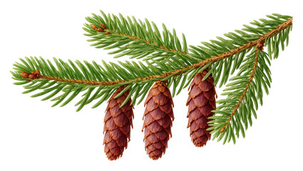 Lush green spruce branch featuring three rich brown hanging cones, perfect for seasonal designs. © Michal