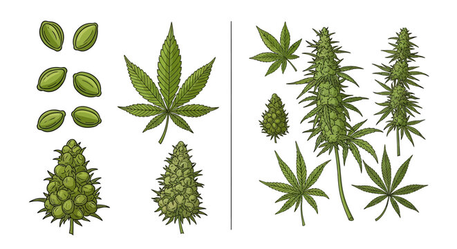 Botanical illustration of cannabis plant parts leaves buds and seeds