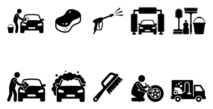 A collection of black and white pictogram icons illustrating various car washing and detailing processes, including washing, scrubbing, and drying.