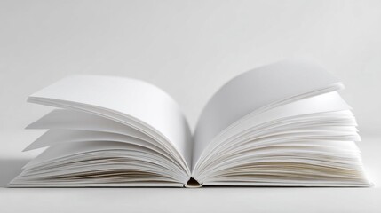 Fototapeta premium Photograph of an open book with its pages spread out. the book appears to be a hardcover with a white cover and a thin spine.