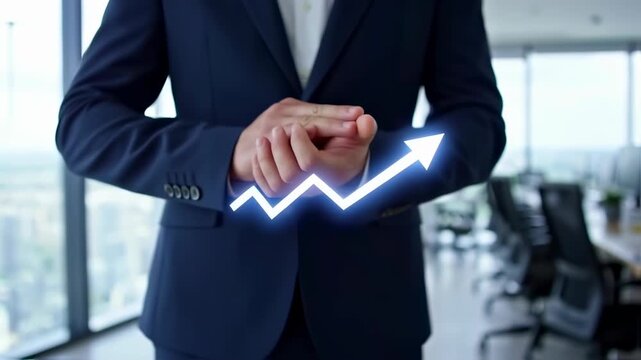 Businessman Holding Rising Graph Arrow Symbol.