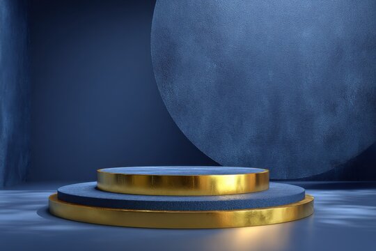 Minimalist Blue and Gold Tiered Pedestal with Circular Background Element stage podium