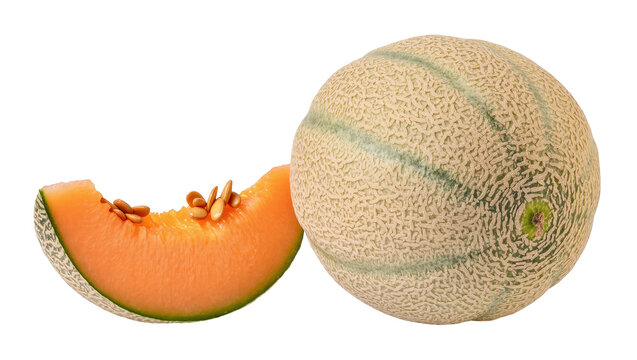 Ripe fresh whole cantaloupe melon and juicy slice with seeds, healthy sweet summer fruit