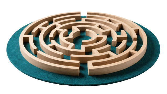 Intricate wooden circular maze puzzle game with curved walls on a green felt surface