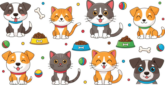 Kawaii pet life vector collection with cute kittens and puppies featuring food bowls bones and colorful balls for digital stickers pet shop branding and nursery decor.