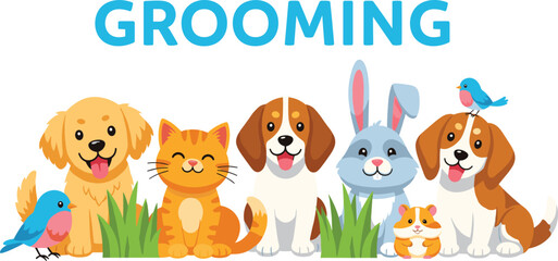 Fototapeta premium Kawaii pet grooming vector illustration with cute golden retriever beagle cat rabbit and hamster for pet shop signage veterinary clinics and animal care services.