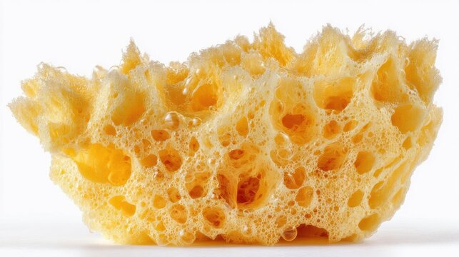 Close-up of a yellow sponge. the sponge appears to be made of a soft, sponge-like material and has a rough texture. it has multiple holes and ridges on its surface, creating a textured appearance.