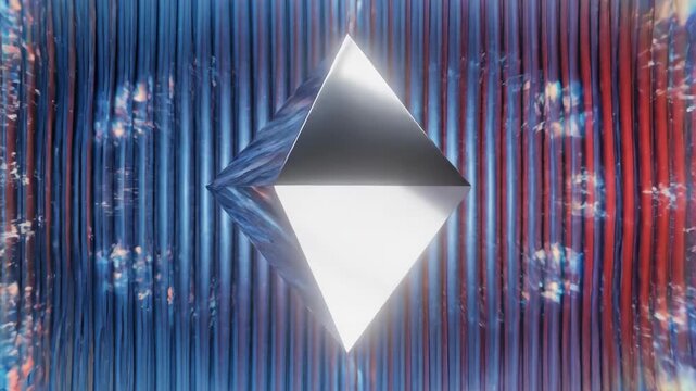 A metallic rhombus shape glows at the center of an abstract neon geometric background of blue and red gradient ribbed glass.