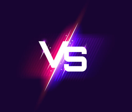VS fight battle with versus sign for sport game showdown with neon lightning, vector banner. Confrontation VS shield badge on neon red and blue background with light flares for VS team battle contest