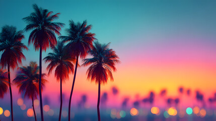 Obraz premium Silhouetted Palm Trees at Colorful Sunset with City Lights – Tropical Evening Vibes and Dreamy Summer Skyline