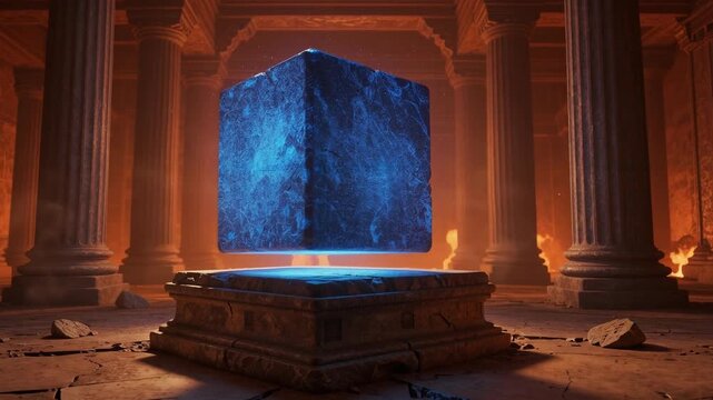 Mystical Floating Blue Cube Hovering Above Pedestal in Ancient Temple with Fiery Background Cinematic Fantasy Scene