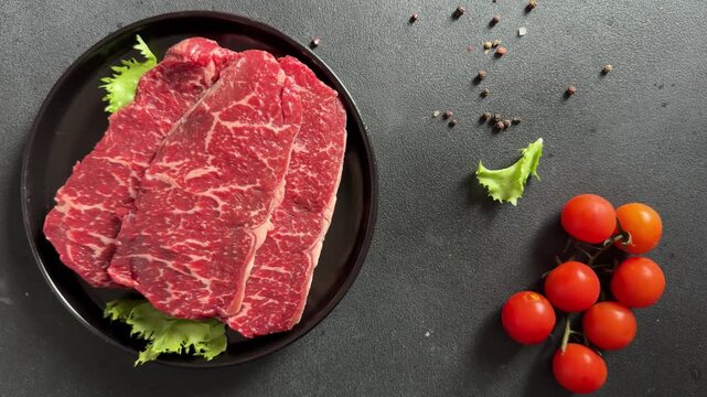 Raw beef steak marbled meat veal tasty snack fresh delicious gourmet food background on the table rustic food top view copy space