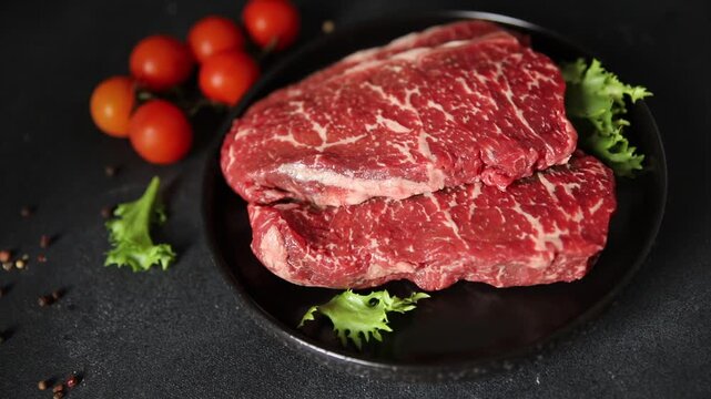 Raw beef steak marbled meat veal tasty snack fresh delicious gourmet food background on the table rustic food top view copy space
