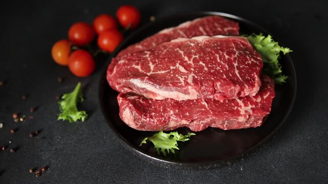 Raw beef steak marbled meat veal tasty snack fresh delicious gourmet food background on the table rustic food top view copy space