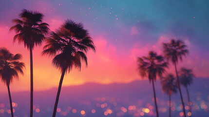 Obraz premium Silhouetted Palm Trees at Colorful Sunset with City Lights – Tropical Evening Vibes and Dreamy Summer Skyline