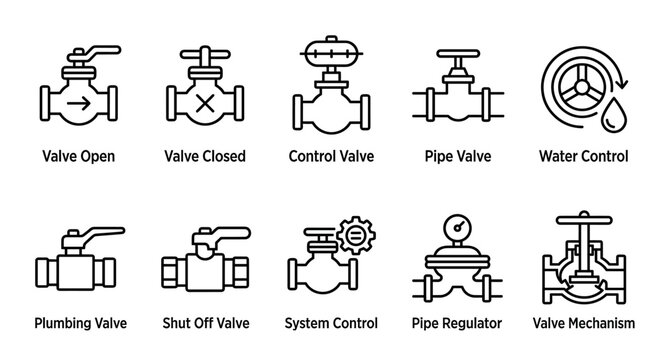 Collection of simple line art icons depicting various plumbing valves and water control mechanisms, illustrating open, closed, and system regulation.
