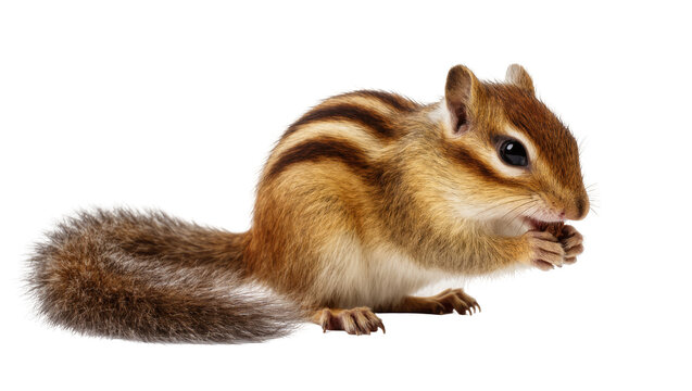Detailed studio shot of a beautiful chipmunk holding food in its tiny paws