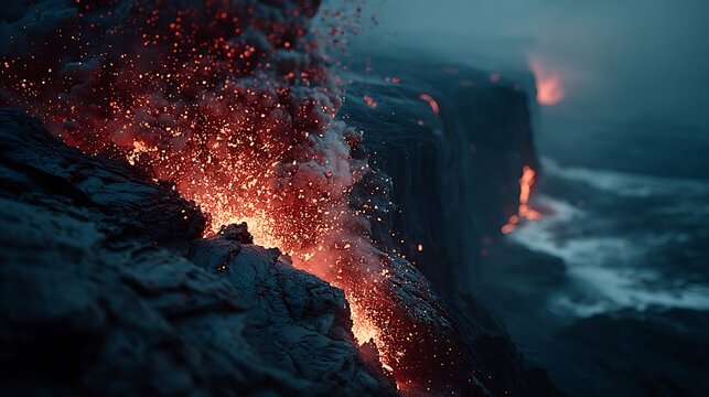 Fiery lava fountain and dark ash clouds from erupting volcano illustrator​
