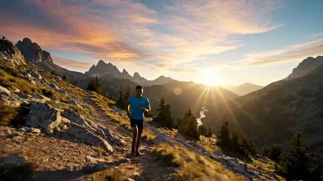 A trail runner moves through mountain terrain in a stunning fitness and endurance sport action photo.