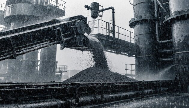 Medium shot of rainy weather at belt conveyor transfer point capturing ore dropping between belts with watersplashed surfaces and visible dust control systems.