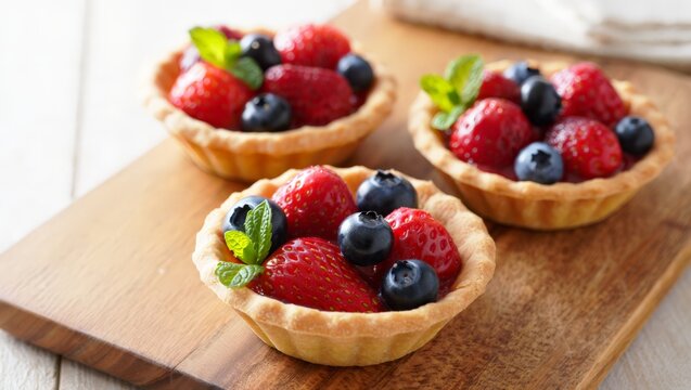 Delectable mini fruit tarts beautifully adorned with fresh glistening strawberries plump blueberries and a mint sprig showcased on a rustic wooden board perfect for desserts.