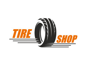 Tire shop icon, wheel store and truck tyre service. Bold and professional symbol featuring detailed black tire with prominent tread pattern. Black orange vector emblem, automotive service center © Seavector