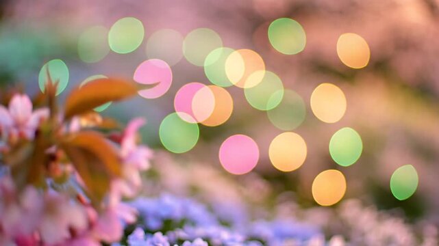 Pink cherry blossoms with fresh leaves and vibrant bokeh background